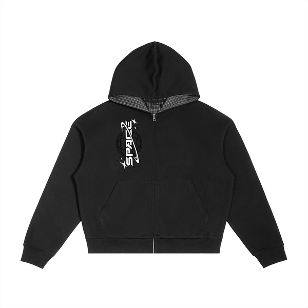 Hoodie Zippé Boxy Carreaux Contrastés — Unisexe - Space
